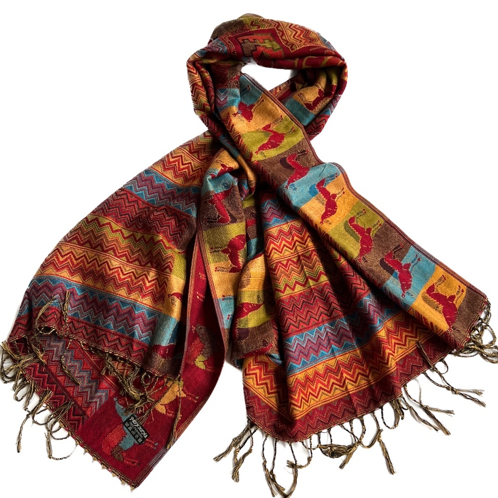 100% Pashmina SCARF Wrap LLamas Red Blue Gold Woven 26" x 67"